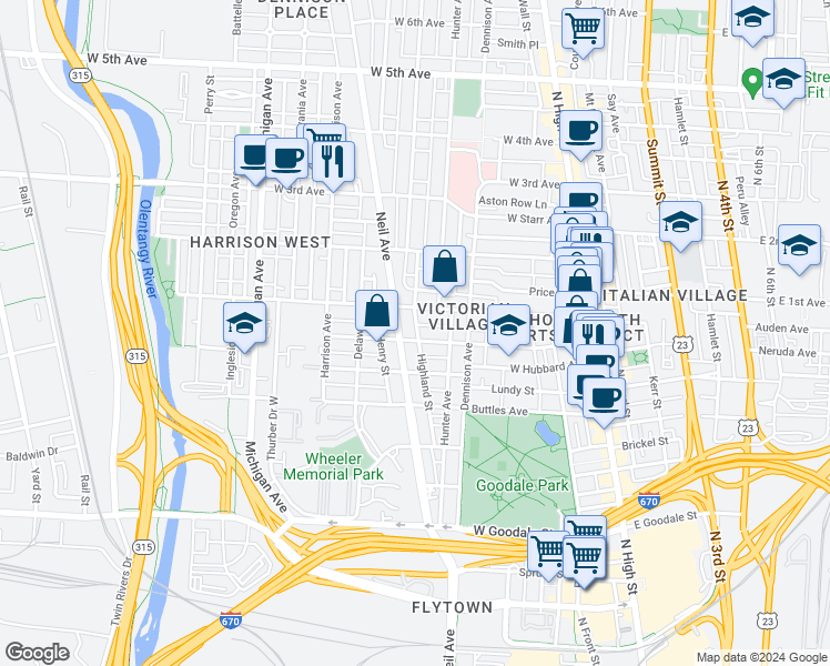 map of restaurants, bars, coffee shops, grocery stores, and more near 250 Wilber Avenue in Columbus