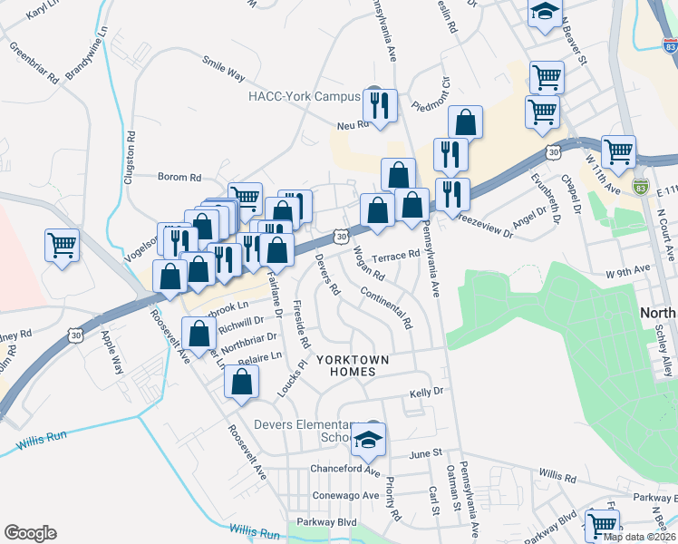 map of restaurants, bars, coffee shops, grocery stores, and more near 1524 Continental Road in York