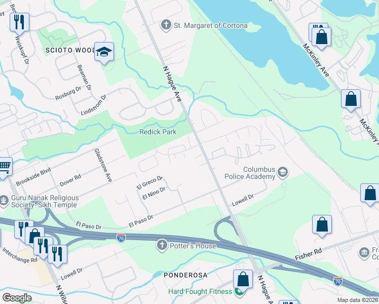 map of restaurants, bars, coffee shops, grocery stores, and more near 3041 La Vista Drive in Columbus