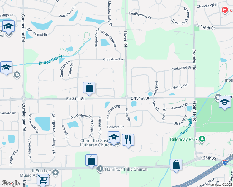 map of restaurants, bars, coffee shops, grocery stores, and more near 13127 Guardhill Lane in Fishers