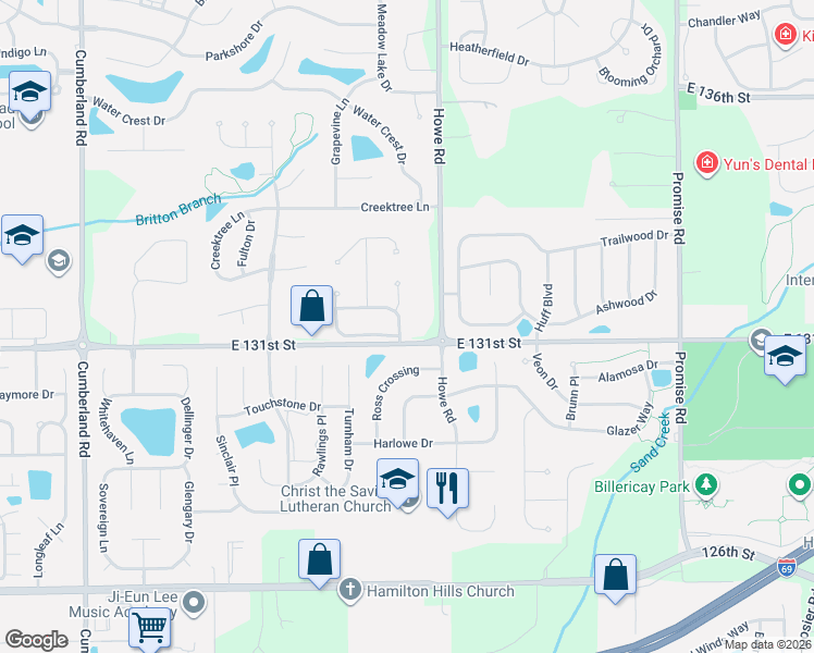 map of restaurants, bars, coffee shops, grocery stores, and more near 13127 Guardhill Lane in Fishers