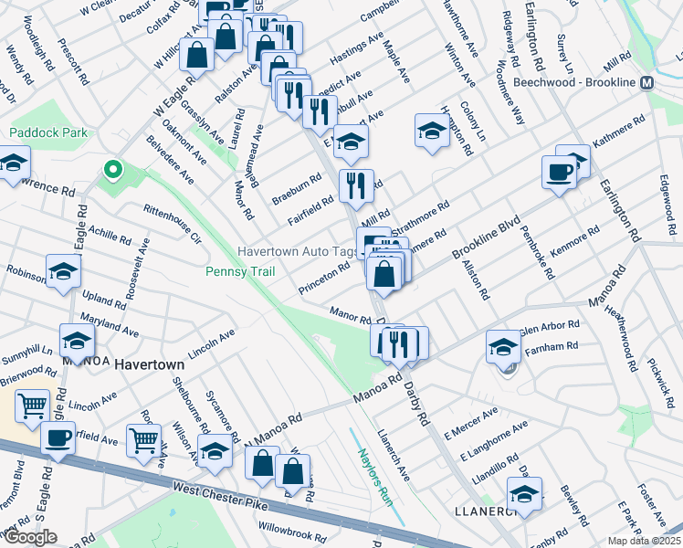 map of restaurants, bars, coffee shops, grocery stores, and more near 13 Princeton Road in Havertown
