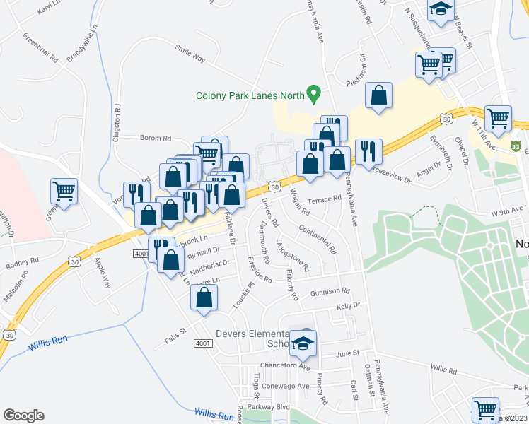 map of restaurants, bars, coffee shops, grocery stores, and more near 1530 Devers Road in York