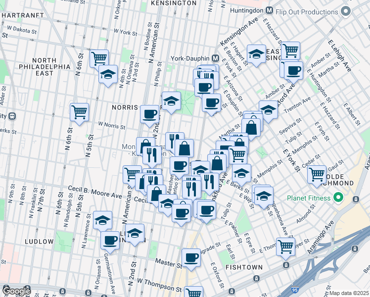 map of restaurants, bars, coffee shops, grocery stores, and more near 1934 North Howard Street in Philadelphia