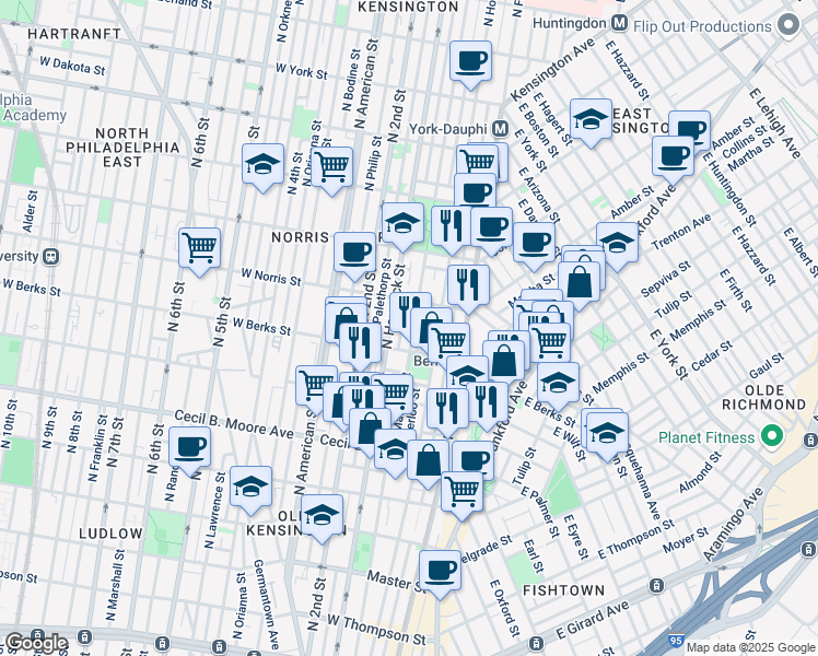 map of restaurants, bars, coffee shops, grocery stores, and more near 1930 Waterloo Street in Philadelphia