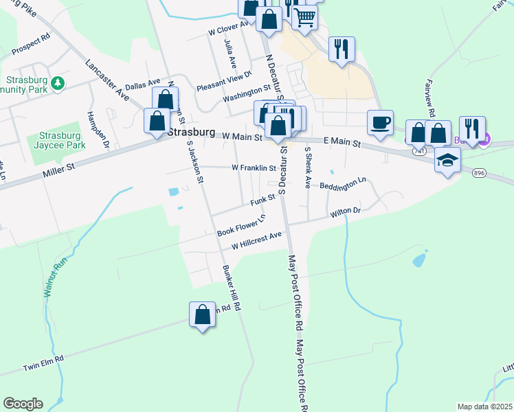 map of restaurants, bars, coffee shops, grocery stores, and more near 2499 Book Flower Lane in Strasburg