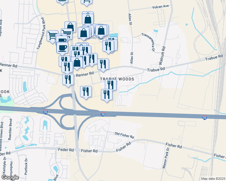 map of restaurants, bars, coffee shops, grocery stores, and more near 1353 Crossing Green Lane in Columbus