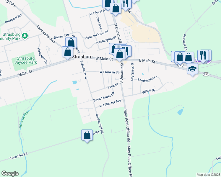 map of restaurants, bars, coffee shops, grocery stores, and more near 2499 Book Flower Lane in Strasburg