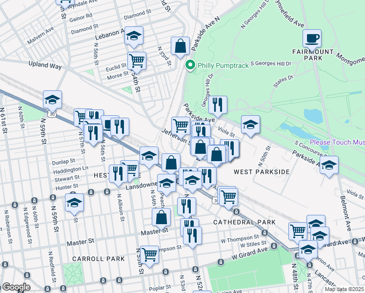 map of restaurants, bars, coffee shops, grocery stores, and more near 5228 Jefferson Street in Philadelphia