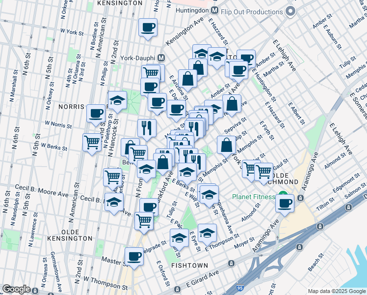 map of restaurants, bars, coffee shops, grocery stores, and more near 2041 Blair Street in Philadelphia