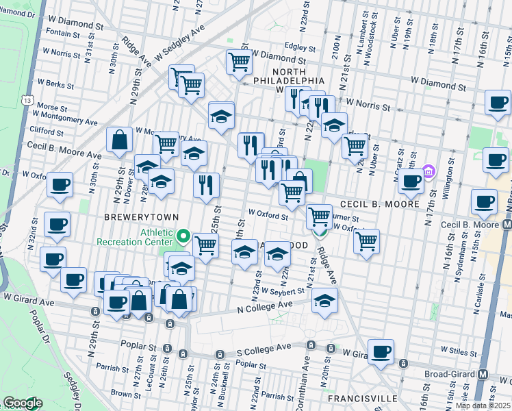 map of restaurants, bars, coffee shops, grocery stores, and more near 2330 Turner Street in Philadelphia