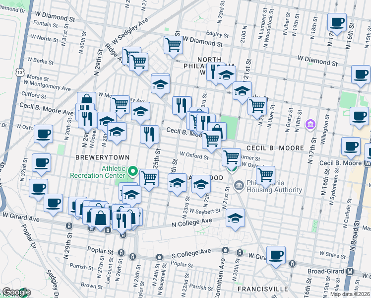 map of restaurants, bars, coffee shops, grocery stores, and more near in Philadelphia
