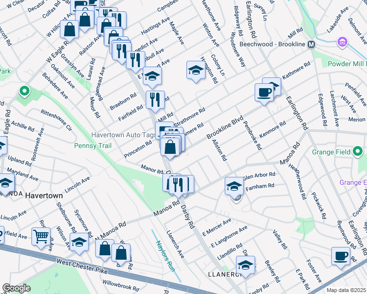map of restaurants, bars, coffee shops, grocery stores, and more near 52 Brookline Boulevard in Havertown