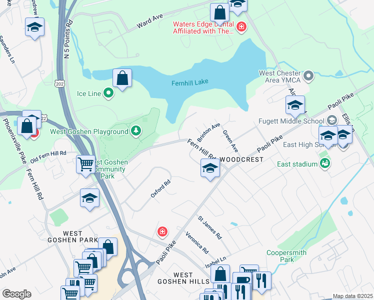 map of restaurants, bars, coffee shops, grocery stores, and more near 31 Brinton Place Road in West Chester