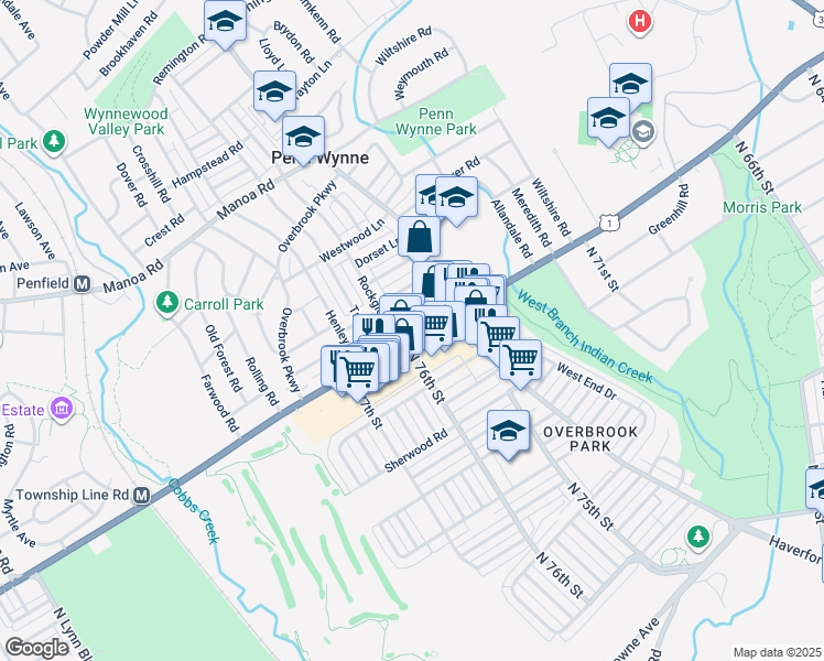 map of restaurants, bars, coffee shops, grocery stores, and more near 1455 City Avenue in Wynnewood