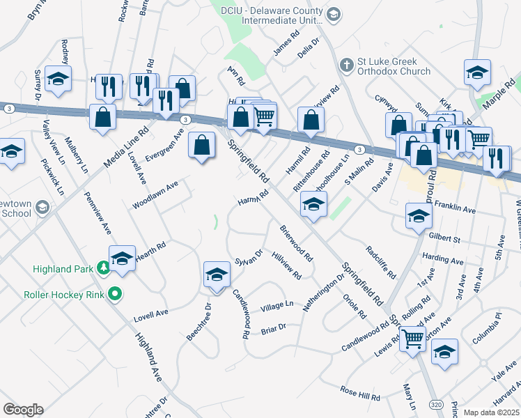 map of restaurants, bars, coffee shops, grocery stores, and more near 2752 Brierwood Road in Broomall