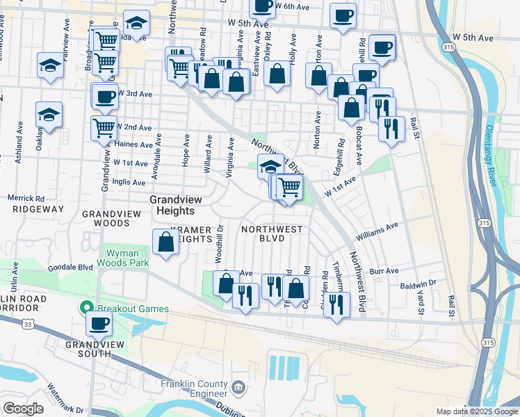 map of restaurants, bars, coffee shops, grocery stores, and more near 1036 Palmer Road in Columbus