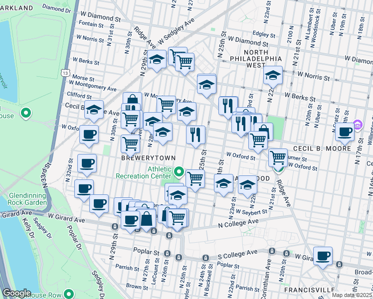 map of restaurants, bars, coffee shops, grocery stores, and more near 2544 West Oxford Street in Philadelphia