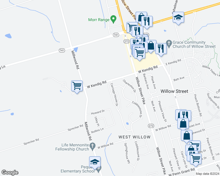 map of restaurants, bars, coffee shops, grocery stores, and more near 22 Carriage House Drive in Willow Street