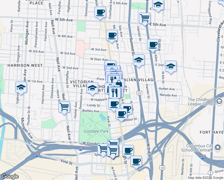 map of restaurants, bars, coffee shops, grocery stores, and more near 845 North High Street in Columbus