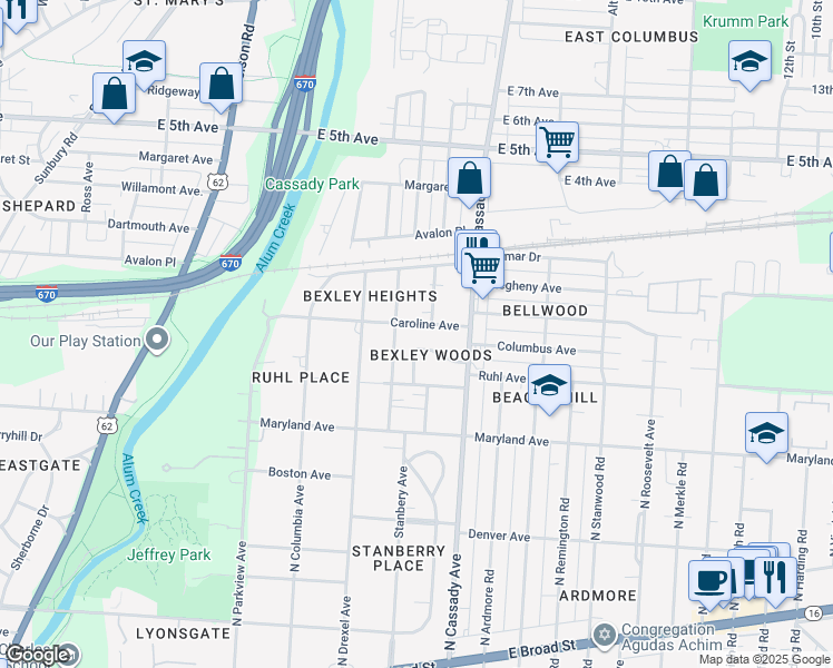 map of restaurants, bars, coffee shops, grocery stores, and more near 2565 Caroline Avenue in Columbus