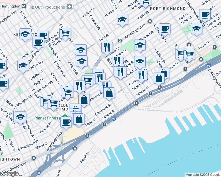map of restaurants, bars, coffee shops, grocery stores, and more near 2723 Almond Street in Philadelphia