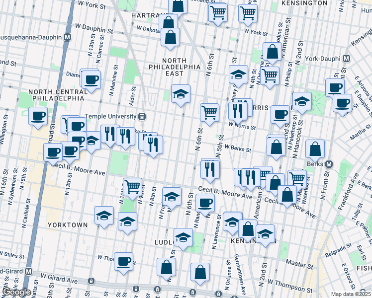 map of restaurants, bars, coffee shops, grocery stores, and more near 1836 North Marshall Street in Philadelphia