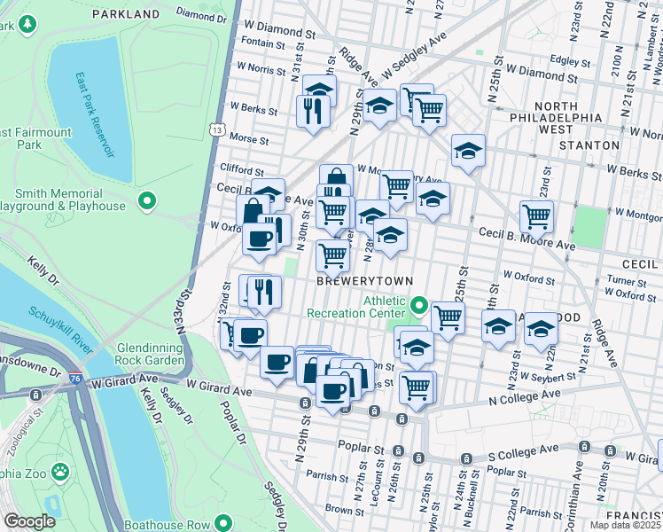 map of restaurants, bars, coffee shops, grocery stores, and more near 1519 North Hollywood Street in Philadelphia