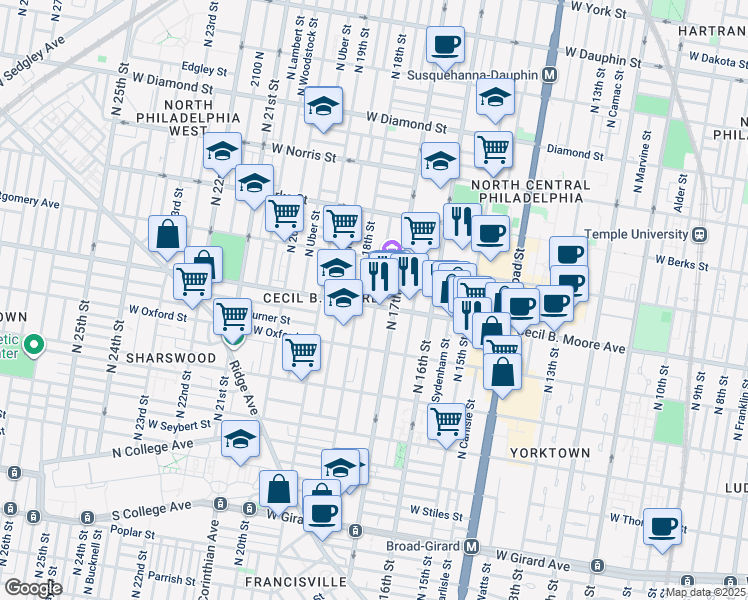 map of restaurants, bars, coffee shops, grocery stores, and more near 1723 Cecil B. Moore Avenue in Philadelphia