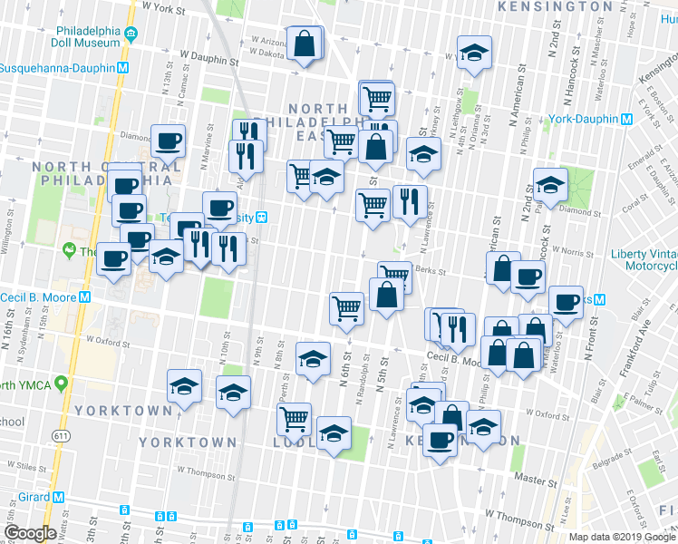 map of restaurants, bars, coffee shops, grocery stores, and more near 1836 North Marshall Street in Philadelphia
