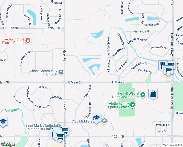 map of restaurants, bars, coffee shops, grocery stores, and more near 13145 Harrison Drive in Carmel