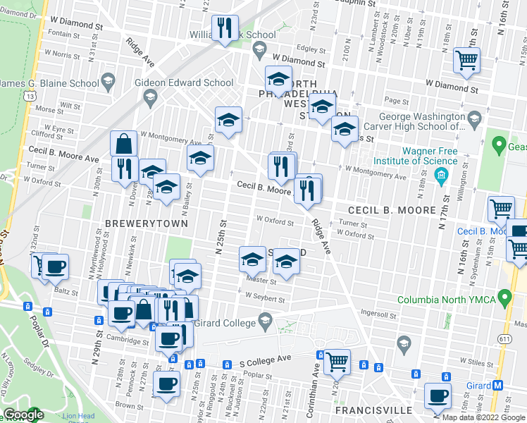 map of restaurants, bars, coffee shops, grocery stores, and more near 2330 Turner Street in Philadelphia