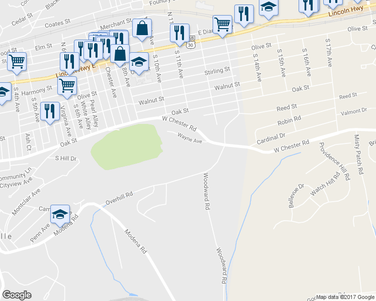 map of restaurants, bars, coffee shops, grocery stores, and more near 1050 Wayne Avenue in Coatesville