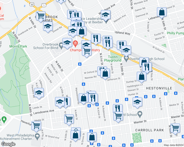 map of restaurants, bars, coffee shops, grocery stores, and more near 6142 West Oxford Street in Philadelphia