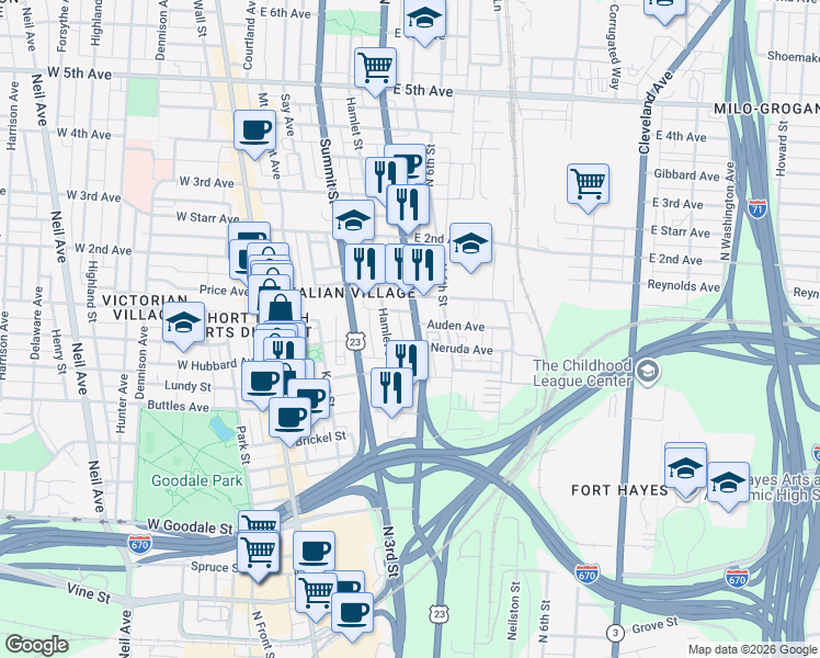 map of restaurants, bars, coffee shops, grocery stores, and more near 825 North 4th Street in Columbus