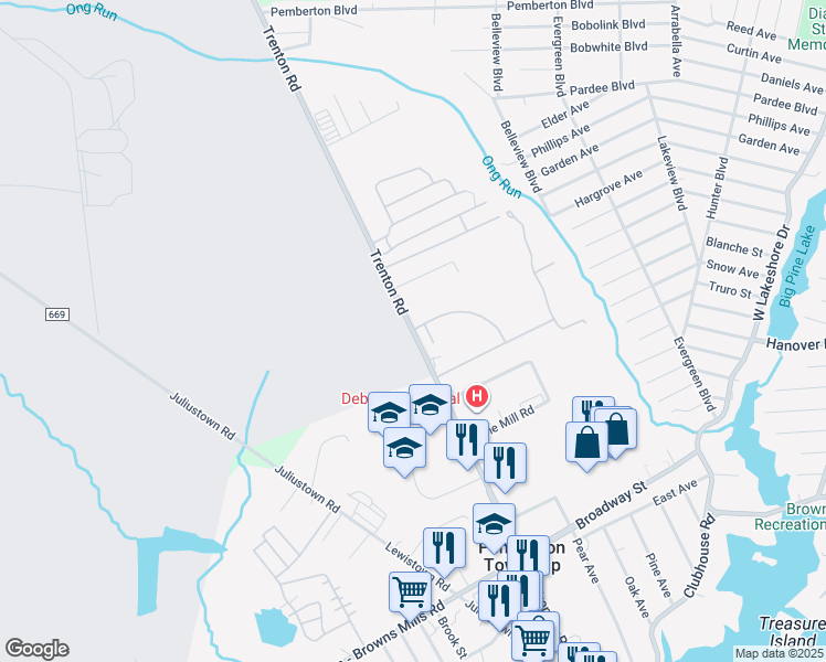 map of restaurants, bars, coffee shops, grocery stores, and more near 298 Trenton Road in Pemberton Township