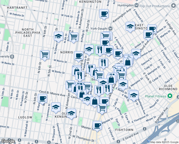 map of restaurants, bars, coffee shops, grocery stores, and more near 1919 Mutter Street in Philadelphia