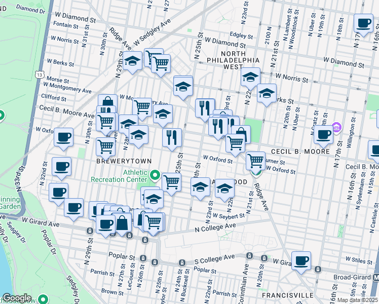 map of restaurants, bars, coffee shops, grocery stores, and more near 2427 West Oxford Street in Philadelphia