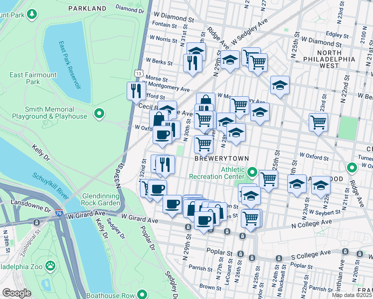 map of restaurants, bars, coffee shops, grocery stores, and more near 3001-15 West Jefferson Street in Philadelphia