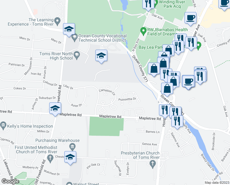 map of restaurants, bars, coffee shops, grocery stores, and more near 56 Violet Court in Toms River