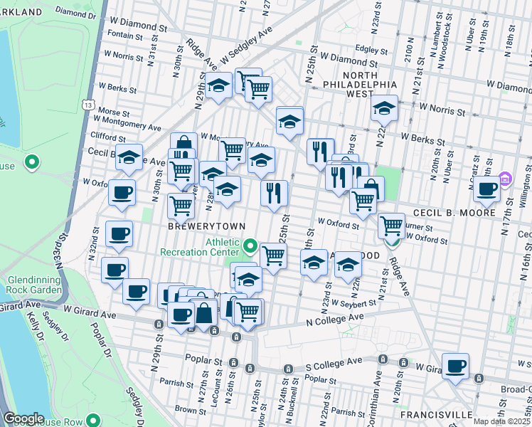 map of restaurants, bars, coffee shops, grocery stores, and more near 2534 West Oxford Street in Philadelphia