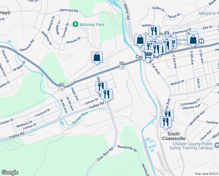 map of restaurants, bars, coffee shops, grocery stores, and more near 231 Madison Street in Coatesville