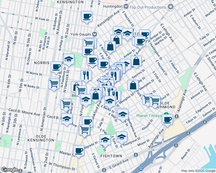 map of restaurants, bars, coffee shops, grocery stores, and more near 2043 Blair Street in Philadelphia