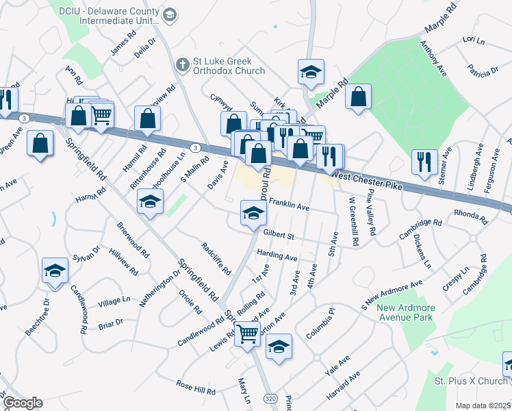 map of restaurants, bars, coffee shops, grocery stores, and more near 2 Amanda Drive in Broomall
