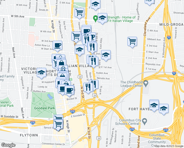 map of restaurants, bars, coffee shops, grocery stores, and more near 818 North 4th Street in Columbus