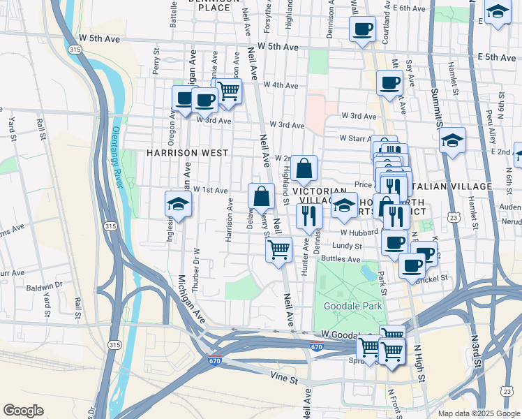 map of restaurants, bars, coffee shops, grocery stores, and more near 326 Wilber Avenue in Columbus