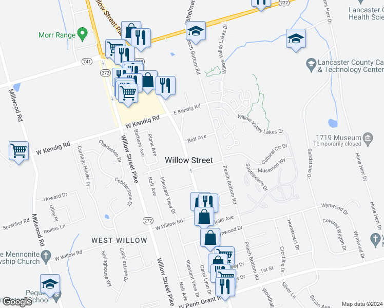 map of restaurants, bars, coffee shops, grocery stores, and more near 2723 Willow Street Pike in Willow Street