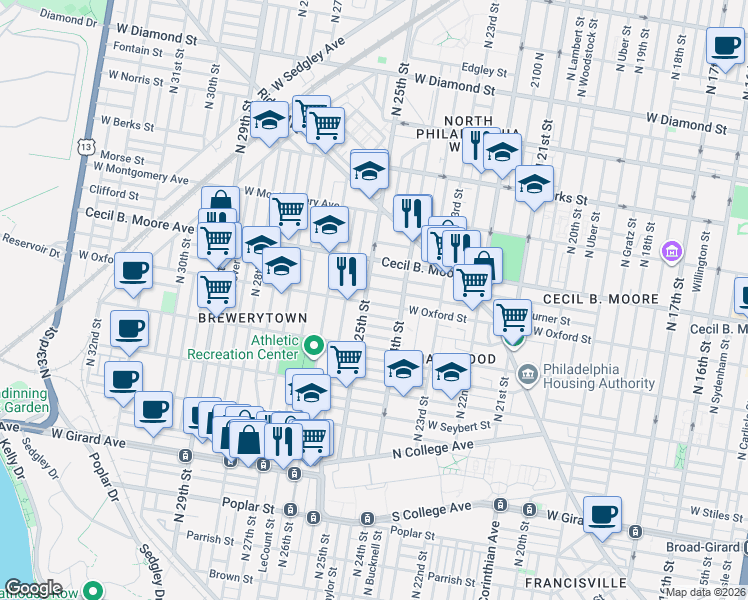 map of restaurants, bars, coffee shops, grocery stores, and more near 2439 West Oxford Street in Philadelphia