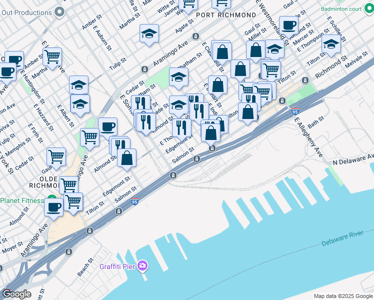 map of restaurants, bars, coffee shops, grocery stores, and more near 2720 East Cambria Street in Philadelphia