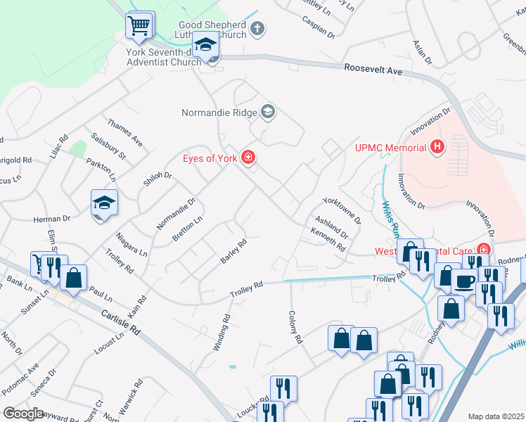map of restaurants, bars, coffee shops, grocery stores, and more near 1770 Barley Road in York
